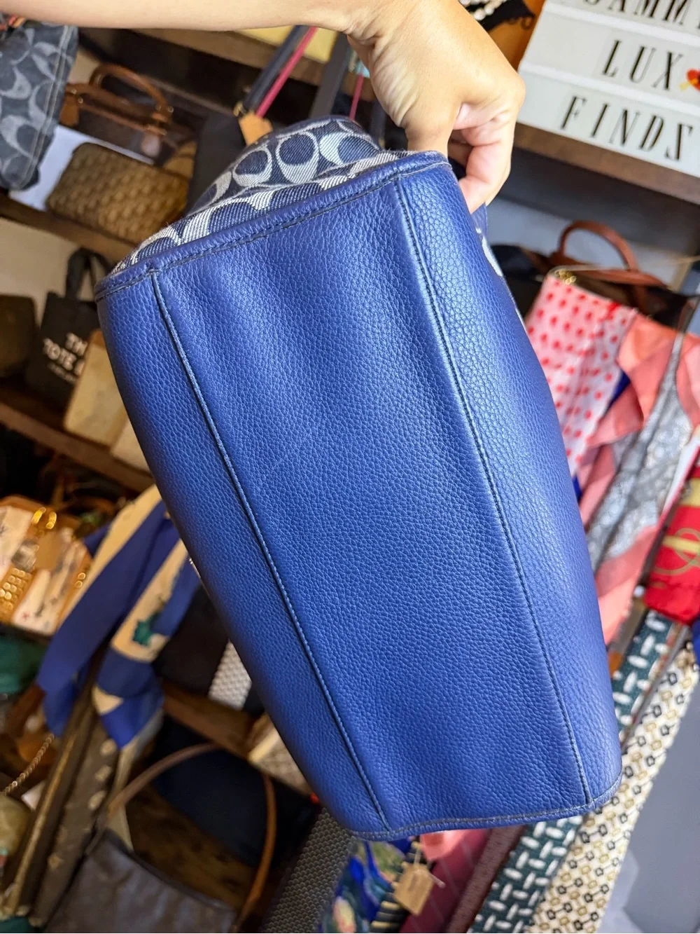 Coach Park Carrie Navy Denim Signature Canvas Tote with Blue Leather Trim
